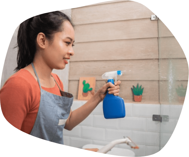 smiling women spray using bottle sprayer hold window wipers while cleaning glass bathroom 8595 20421