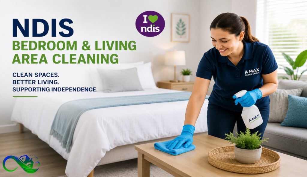 woman from a max clean group is cleaning bedroom for ndis participants